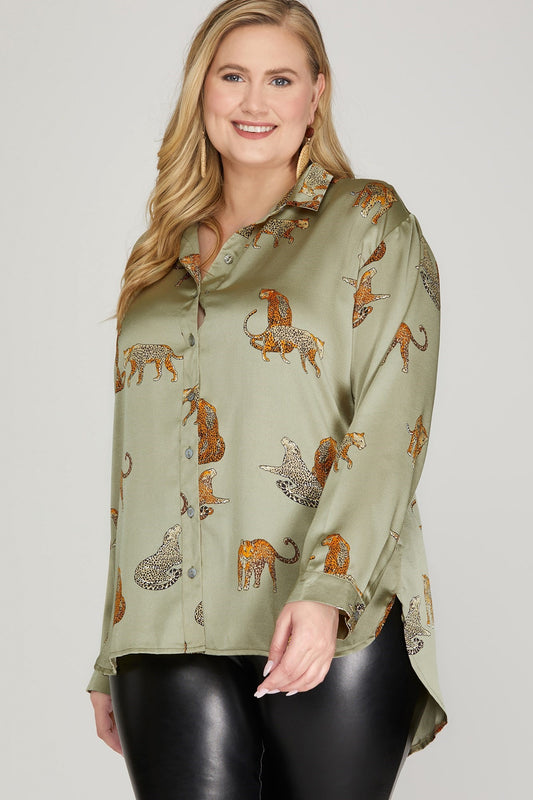 Olive Jaguar Print Silky Top
