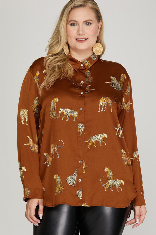 Toffee Jaguar Print Silky Shirt