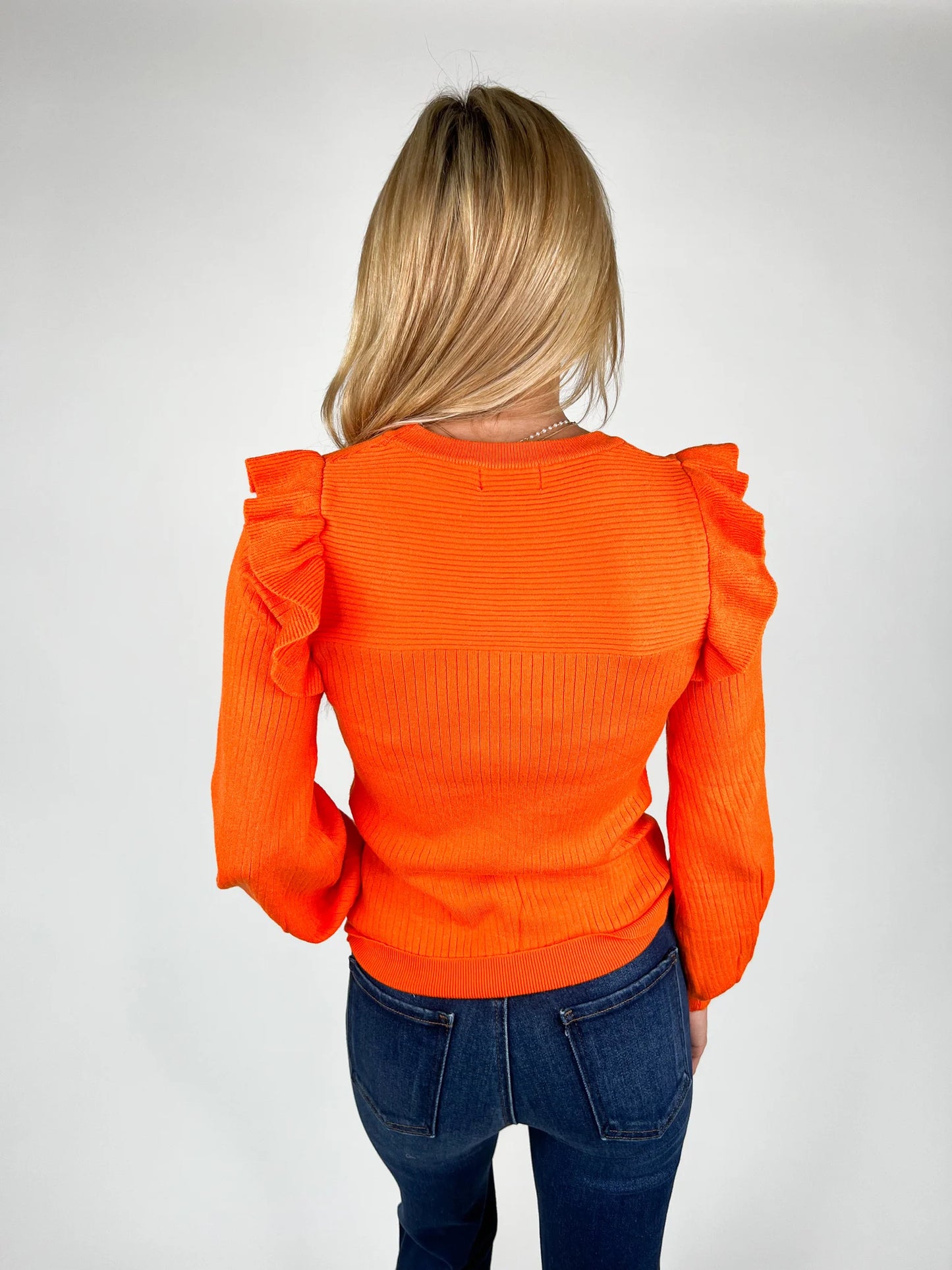 Orange Ruffle Shoulder Sweater