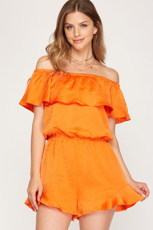 Orange Satin Ruffle Romper