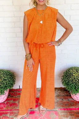 Orange 2 Piece Textured Wide Leg Pant Set