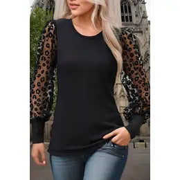 Black Sheer Animal Print Sleeve Top