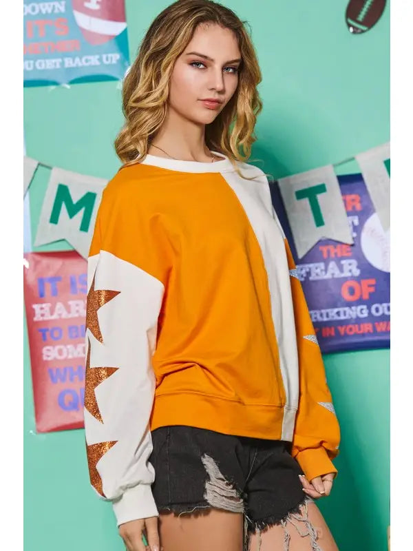 Orange and White Color Block Glitter Star Sweatshirt