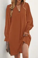 Rust Split V Neck Dress