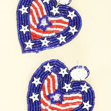 Red, White and Blue Beaded Heart Earrings