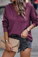 Wine V Neck Ribbed Drop Shoulder Hooded Sweater