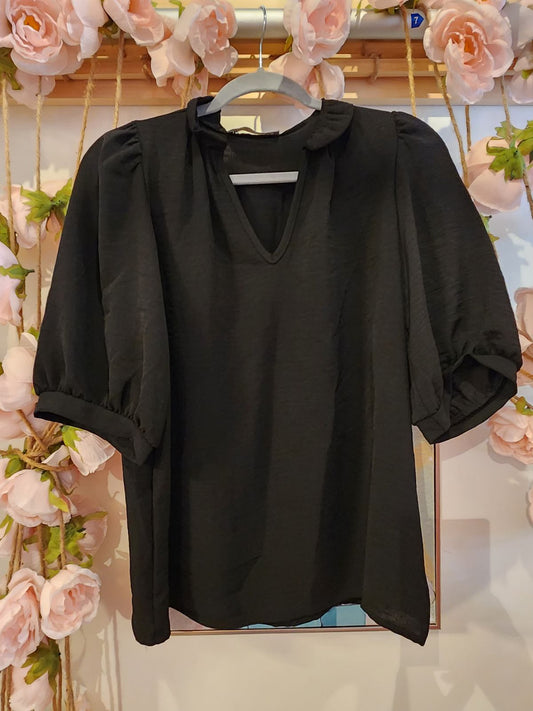 Black Ruffle Bubble Sleeve Top