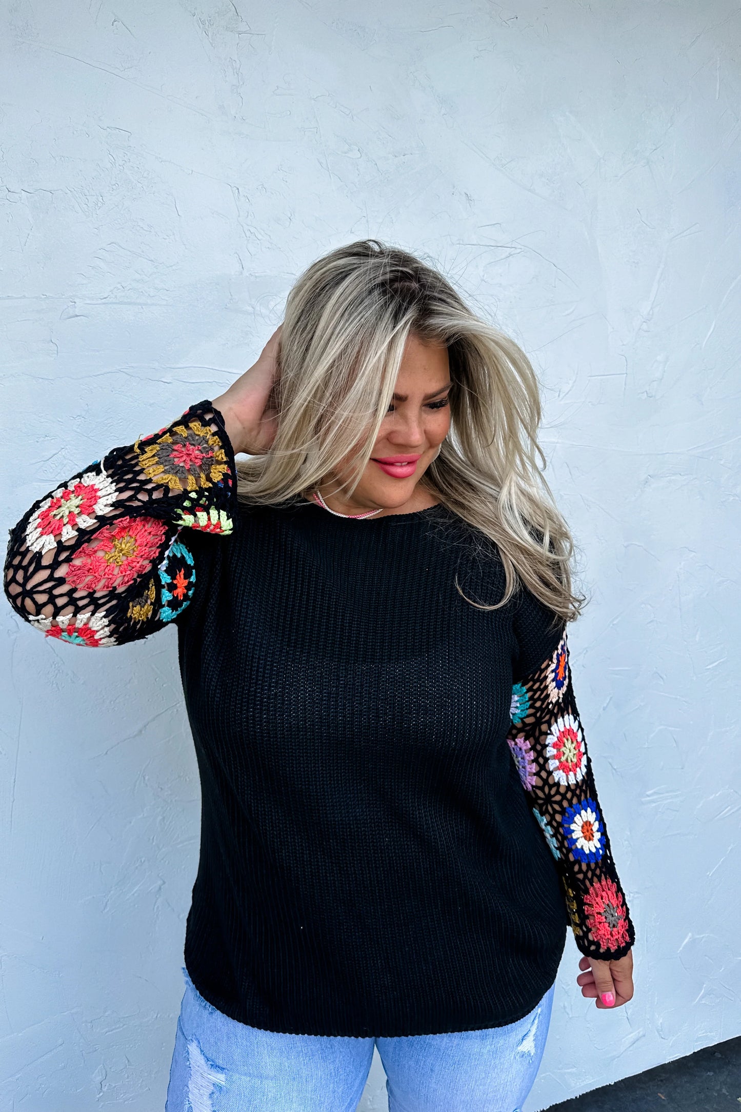 Curvy Black Indie Sweater with Crochet Sleeves