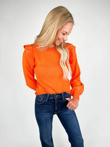 Orange Ruffle Shoulder Sweater