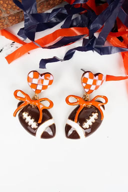 Orange Checkered Bow Football Earrings