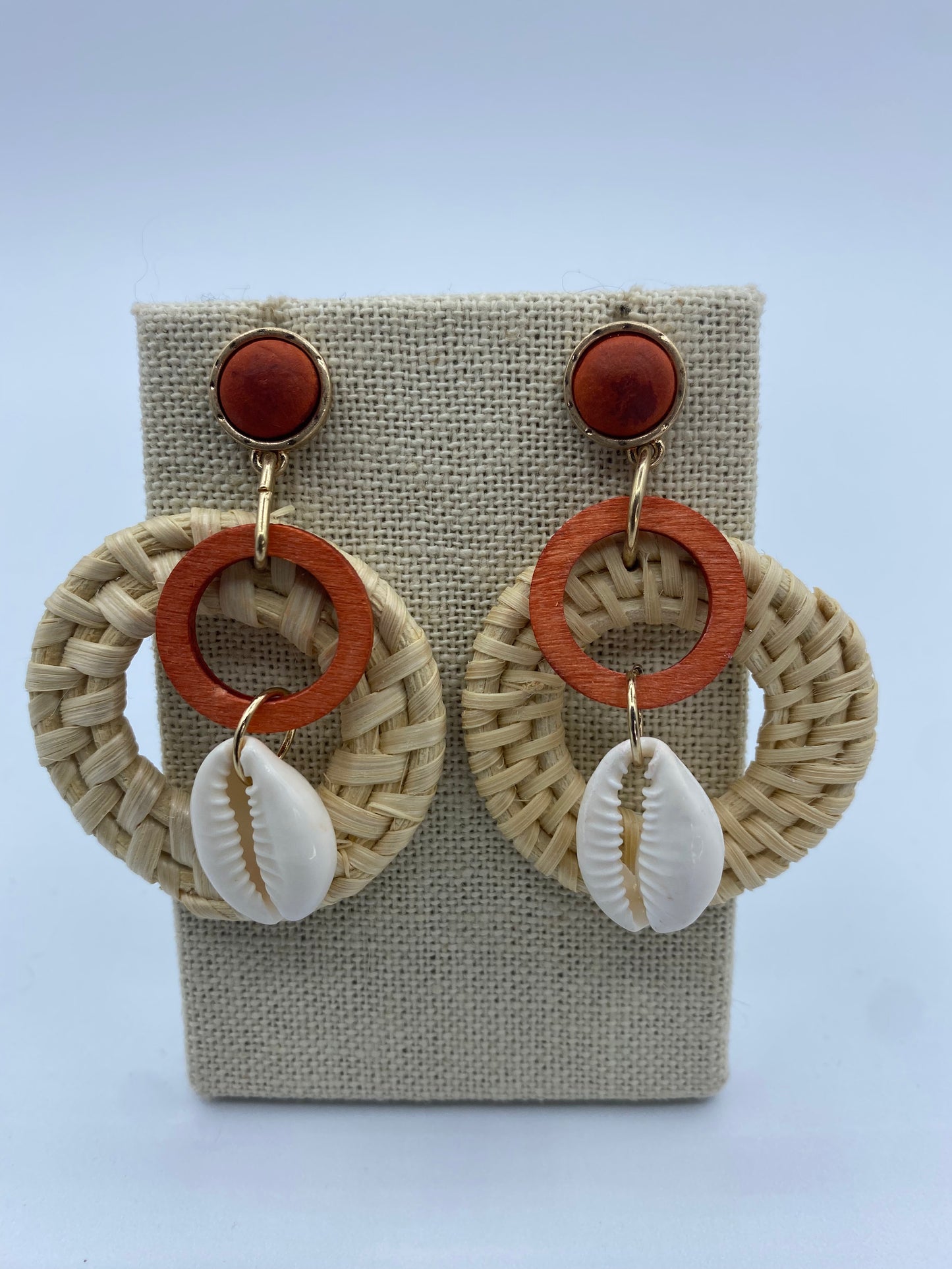 Rattan Circle and Shell Earrings