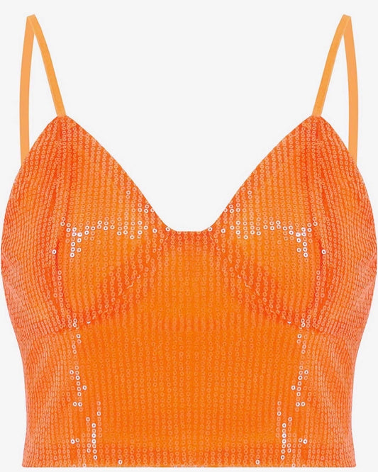 Orange Sequin Spaghetti Strap Crop Top