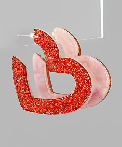 Acrylic Red Sparkle Heart Hoops