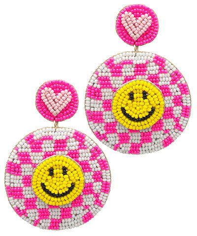 Fuchsia Checkered Smiley Earrings