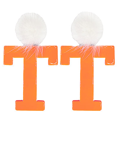 Orange T With Pom Pom Earrings
