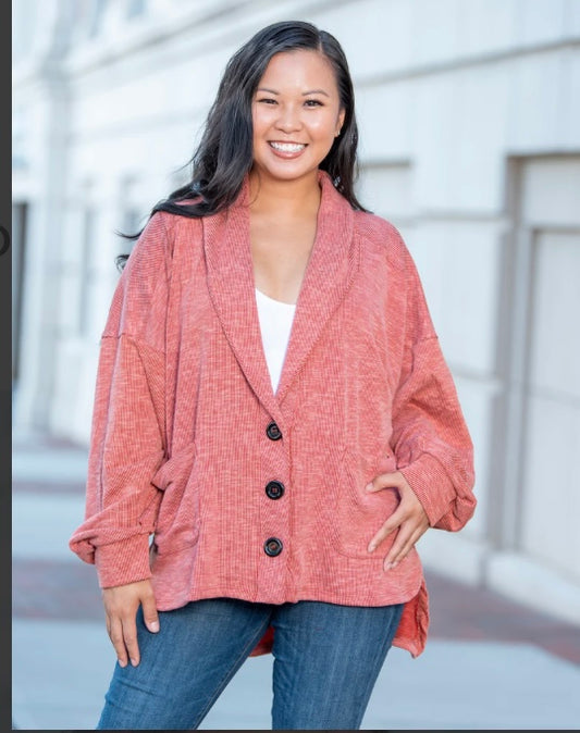 Oversized Rust Ribbed Cardigan