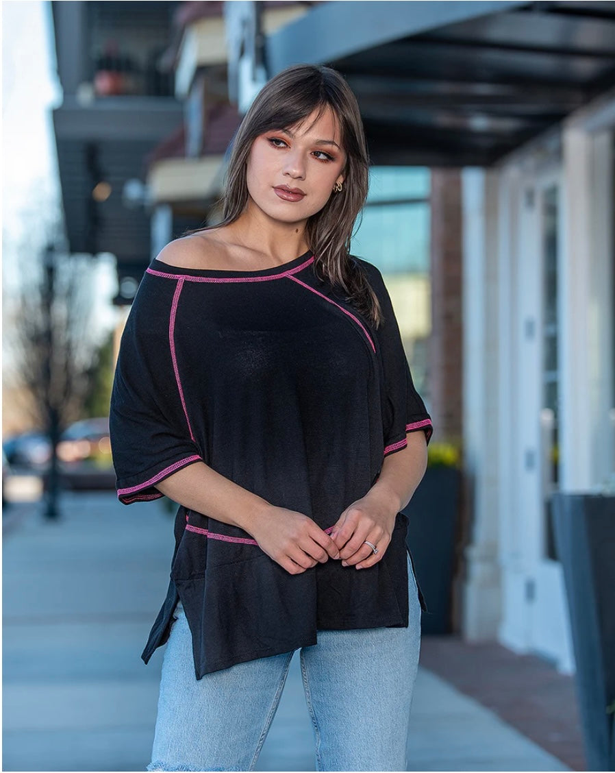 Oversized Raw Edge Black and Hot Pink Top
