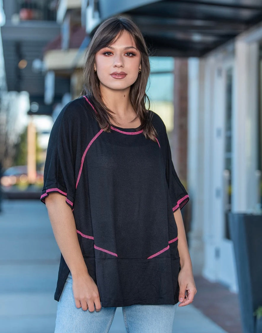 Oversized Raw Edge Black and Hot Pink Top