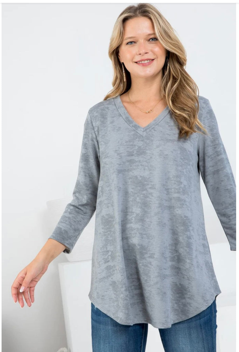 Acid Wash Grey V-Neck Top