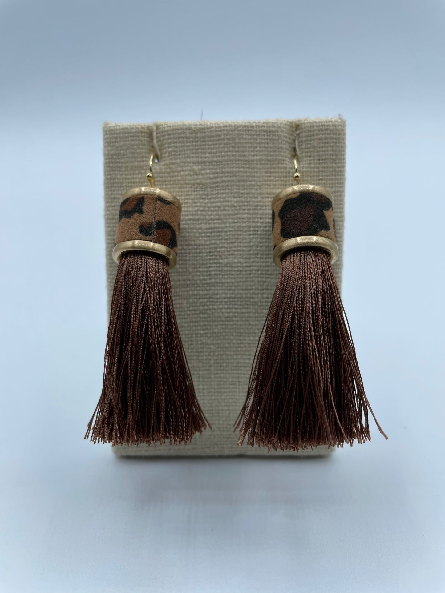 Brown and Leopard Leather Cap Tassel Earrings