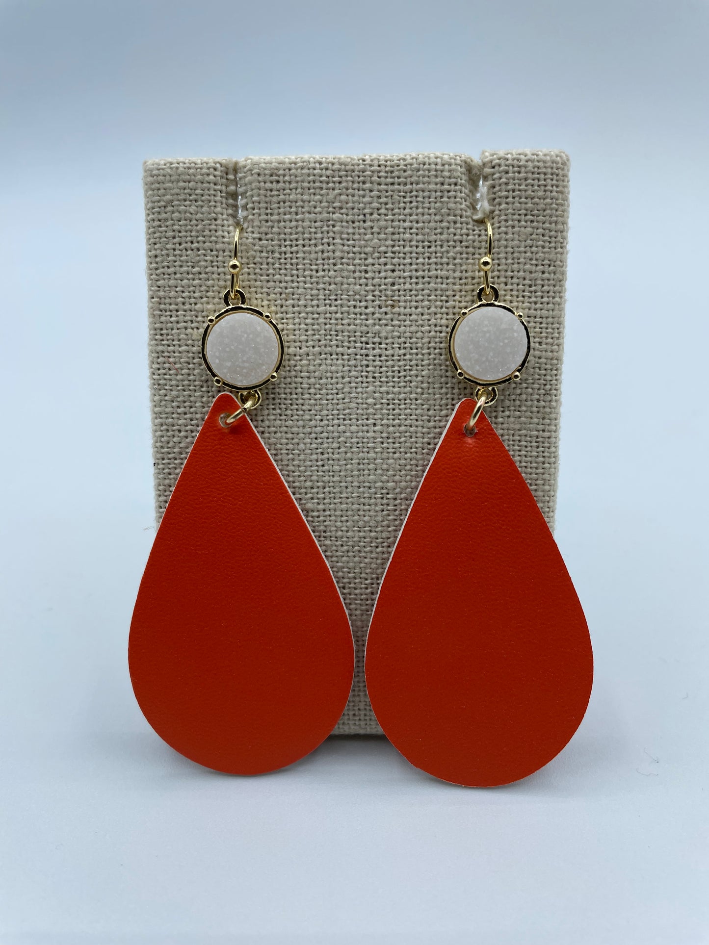 Orange Leather and White Druzy Earrings