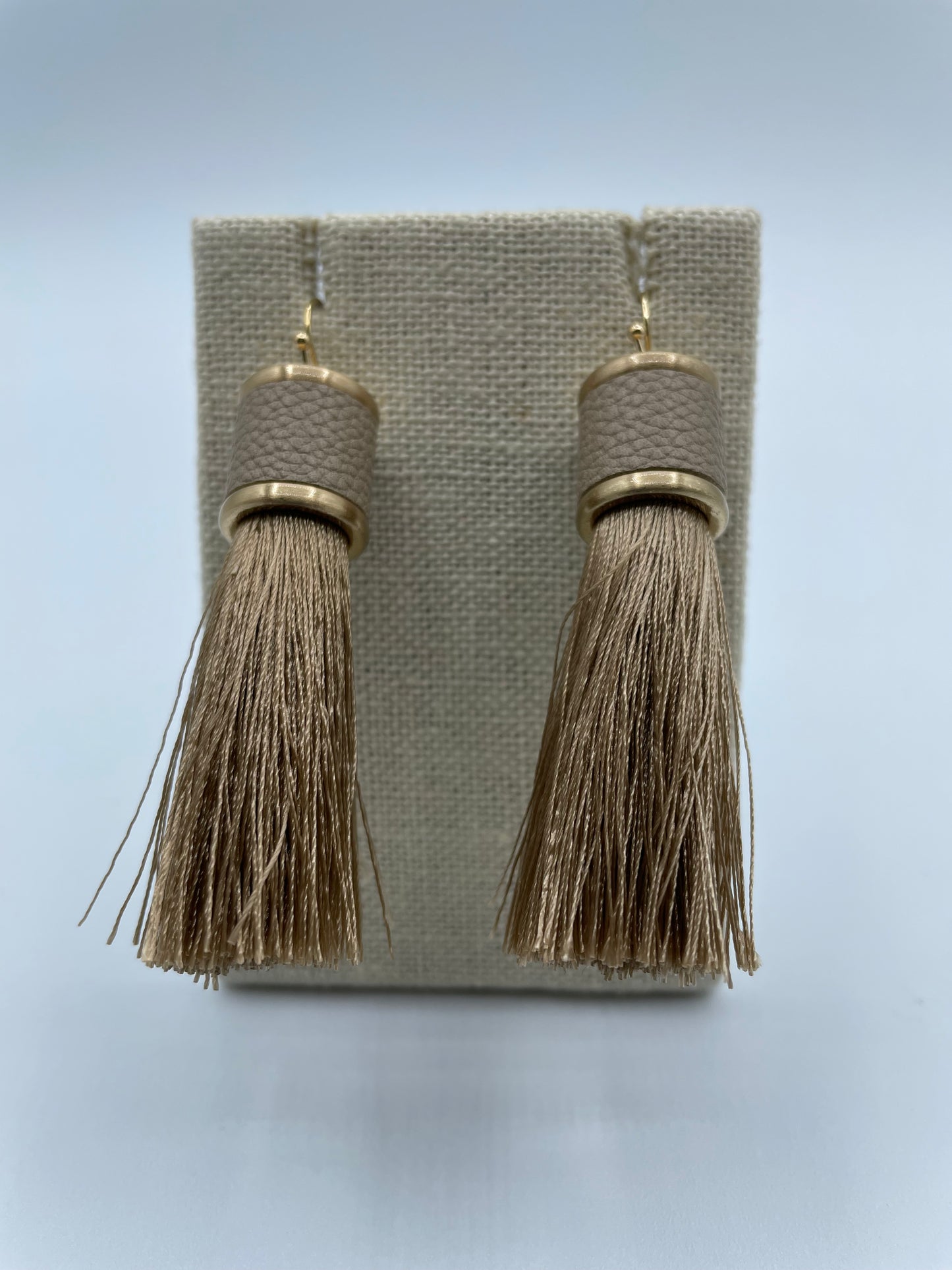 Taupe Leather Cap Tassel Earrings