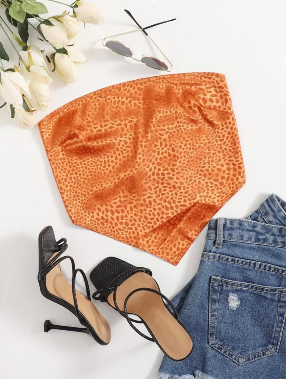 Orange Satin Jacquard Bandana Top