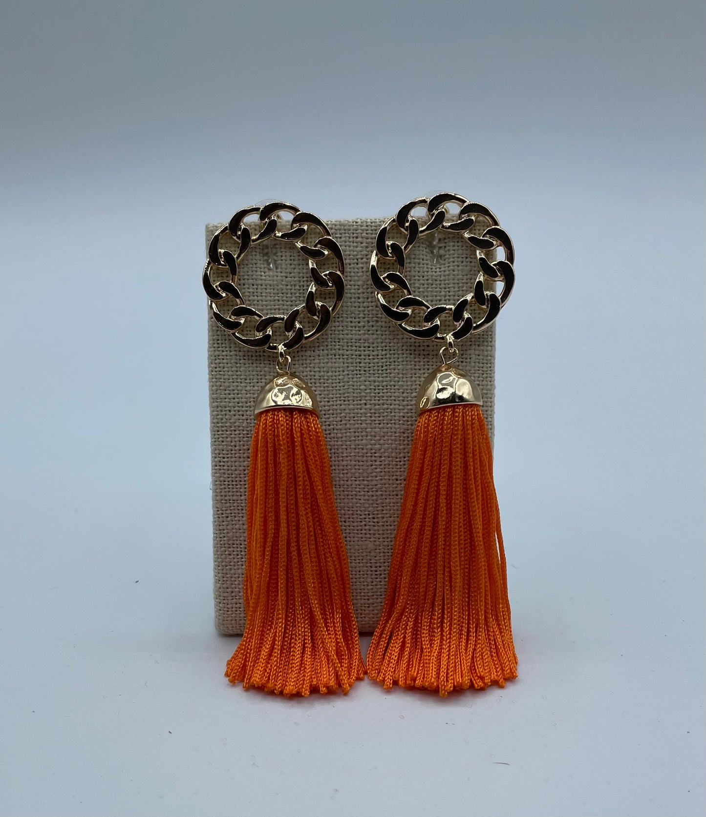 Chain Circle and Orange Tassel Earrings