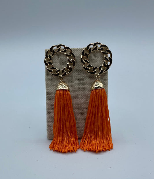 Chain Circle and Orange Tassel Earrings