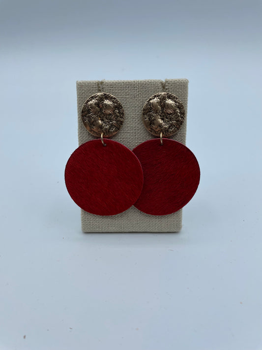 Red Cowhide Disc Earrings