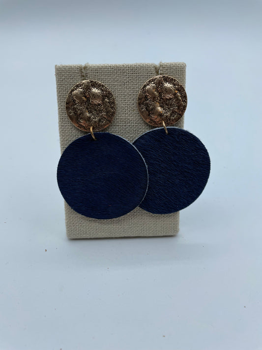 Navy Cowhide Disc Earrings