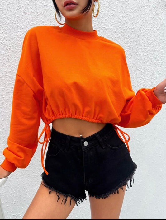 Orange Drawstring Crop Sweatshirt