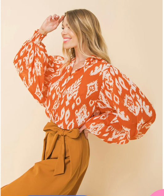 Orange and Cream Lantern Sleeve Top