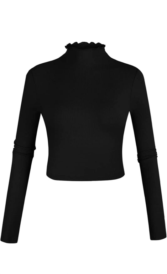 Ribbed Lettuce Trim Mock Neck Crop Top Black