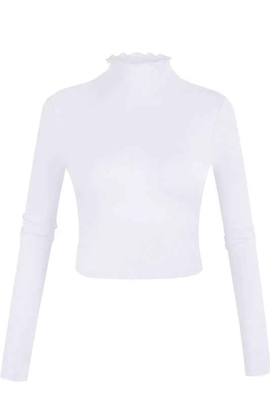 Ribbed Lettuce Trimmed Mock Neck Crop Top White