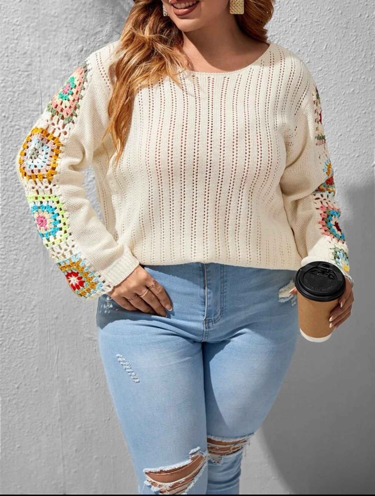 Plus Beige Crochet Sleeve Sweater