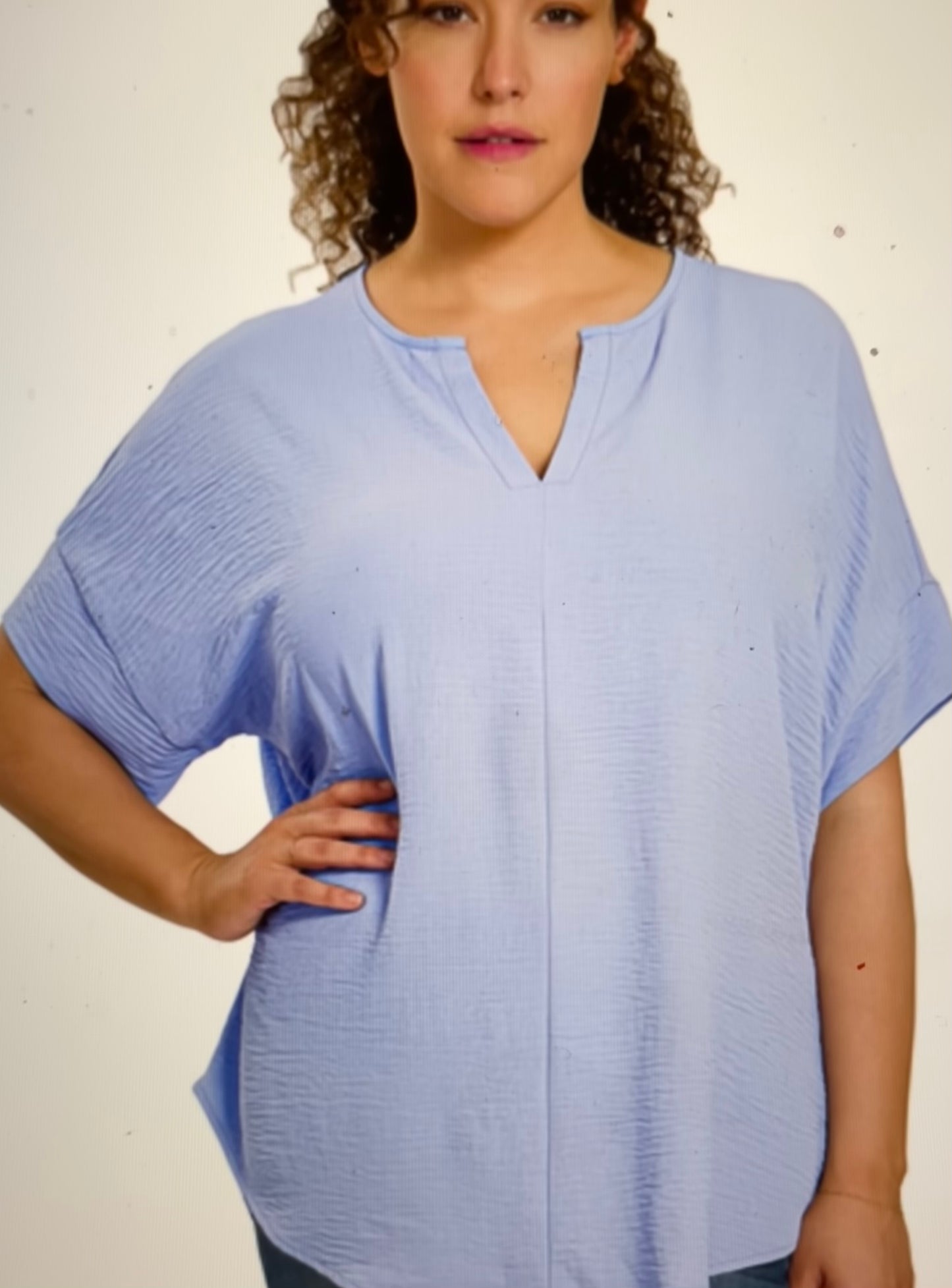 Curvy Spring Blue Notched Neck Airflow Top