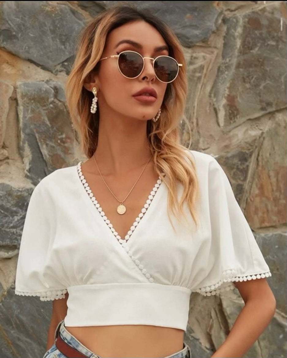 White Tie Back Top With Trim