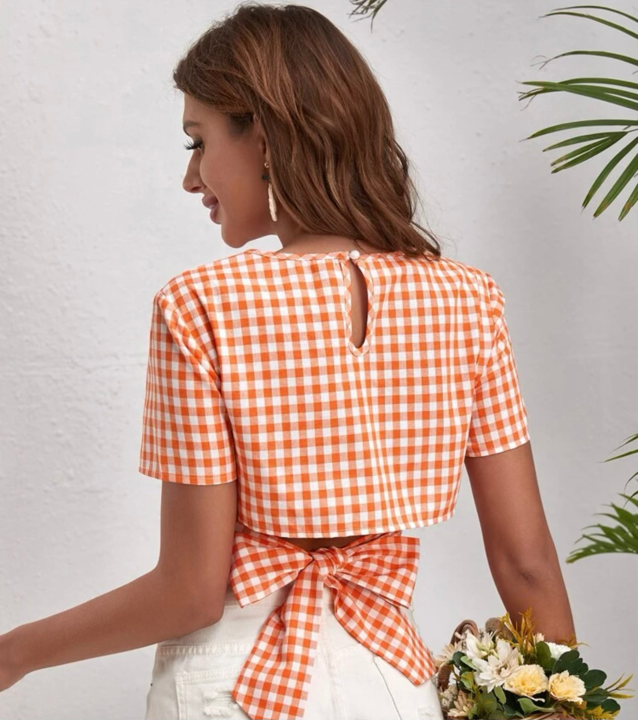 Orange and White Checkered Back Tie Top