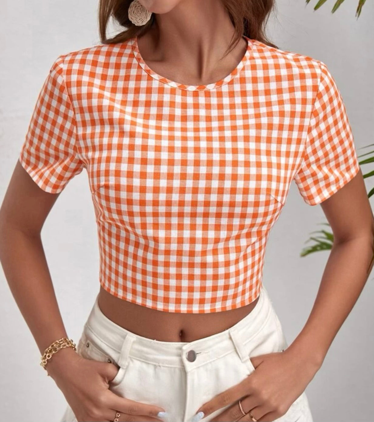 Orange and White Checkered Back Tie Top