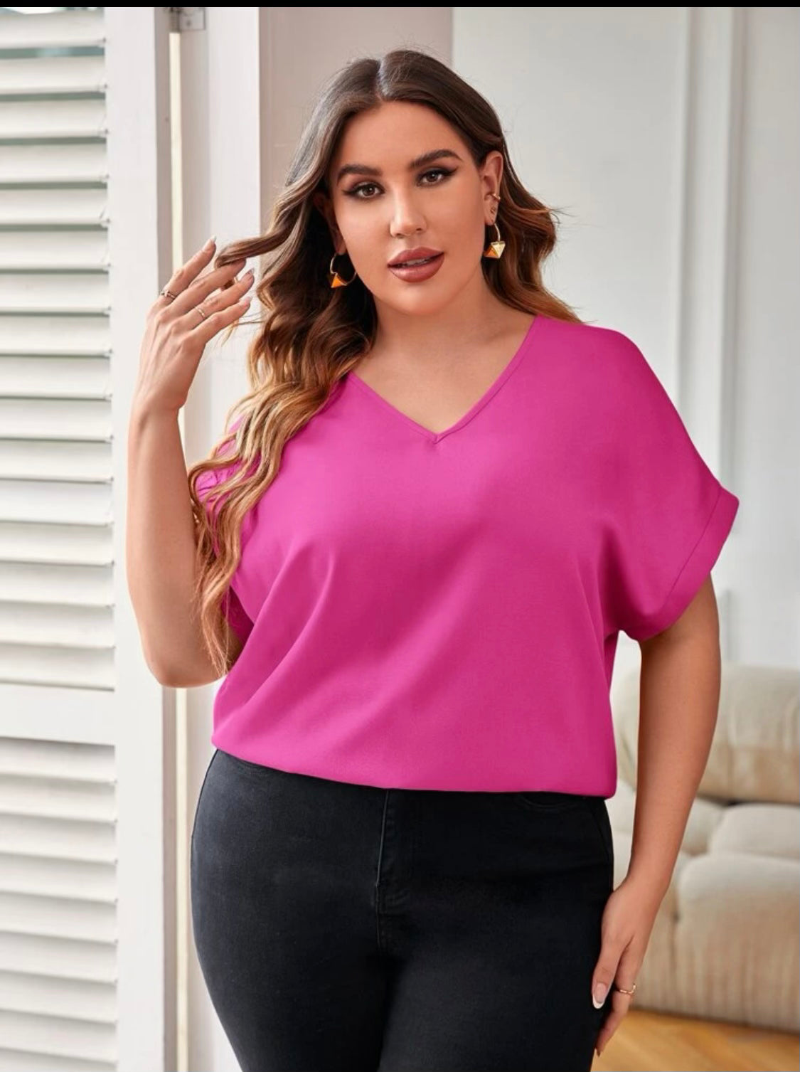 Curvy Hot Pink Batwing Sleeve Blouse