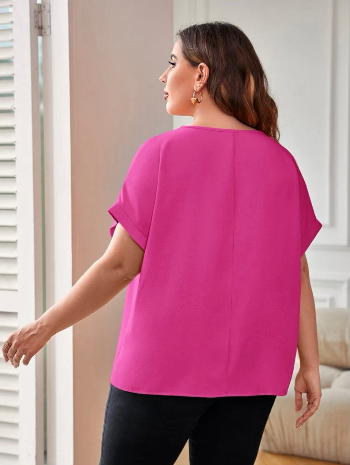 Curvy Hot Pink Batwing Sleeve Blouse