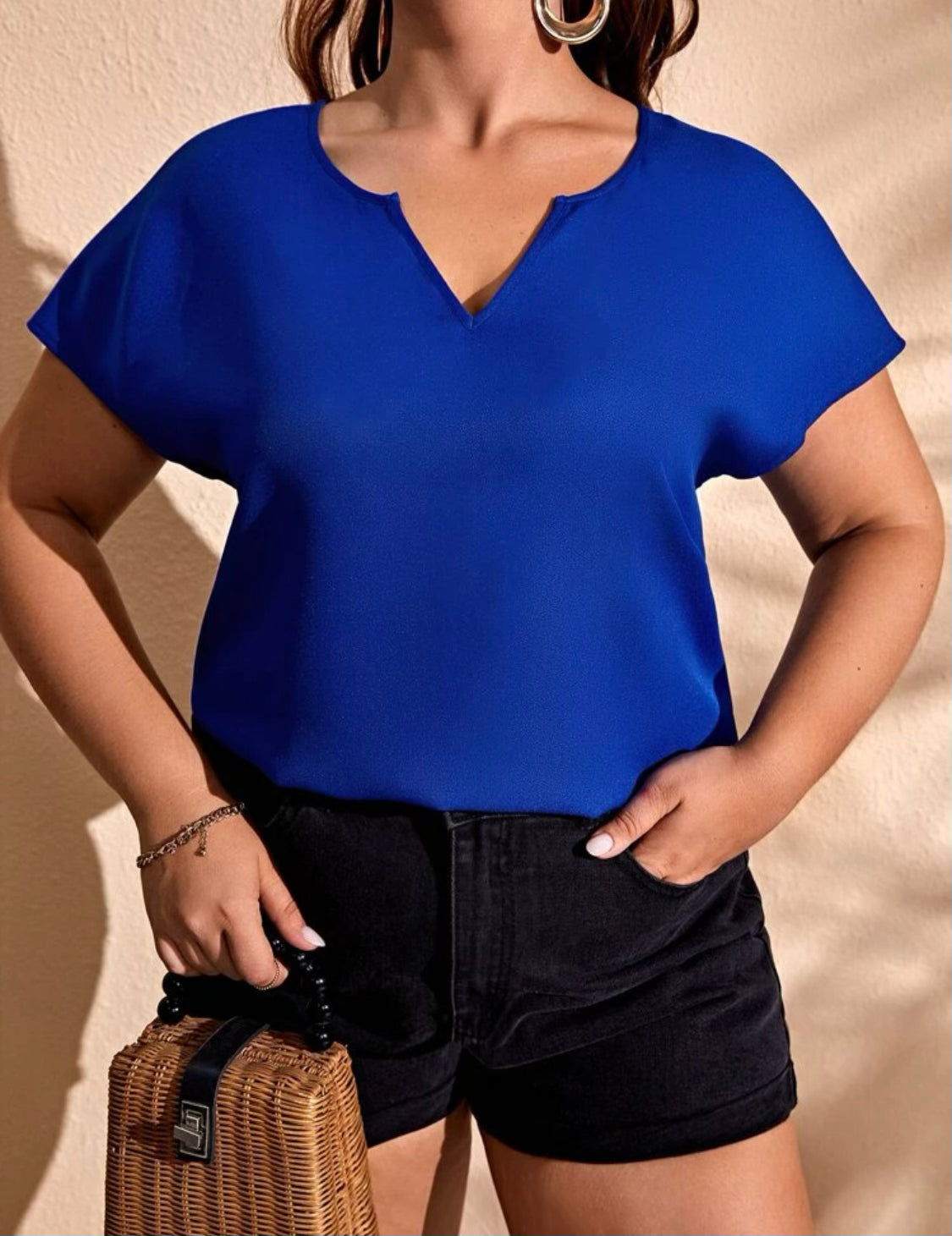 Curvy Royal Blue Notched Neck Blouse