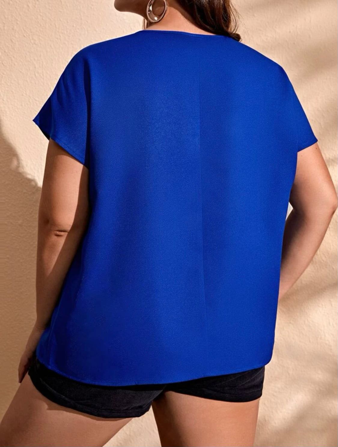 Curvy Royal Blue Notched Neck Blouse