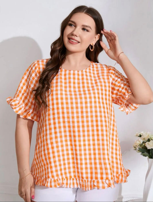 Curvy Orange and White Gingham Top