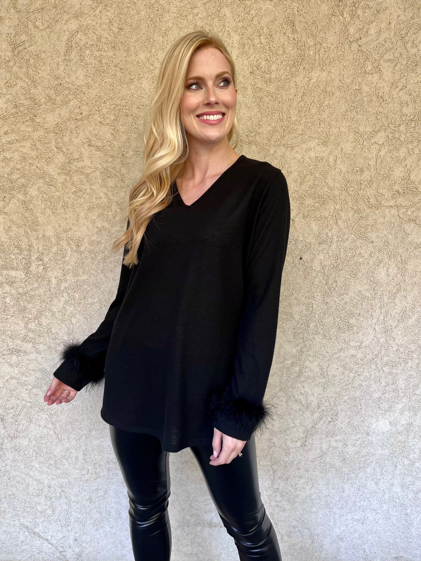Curvy Black Sweater With Fur Trim Sleeves