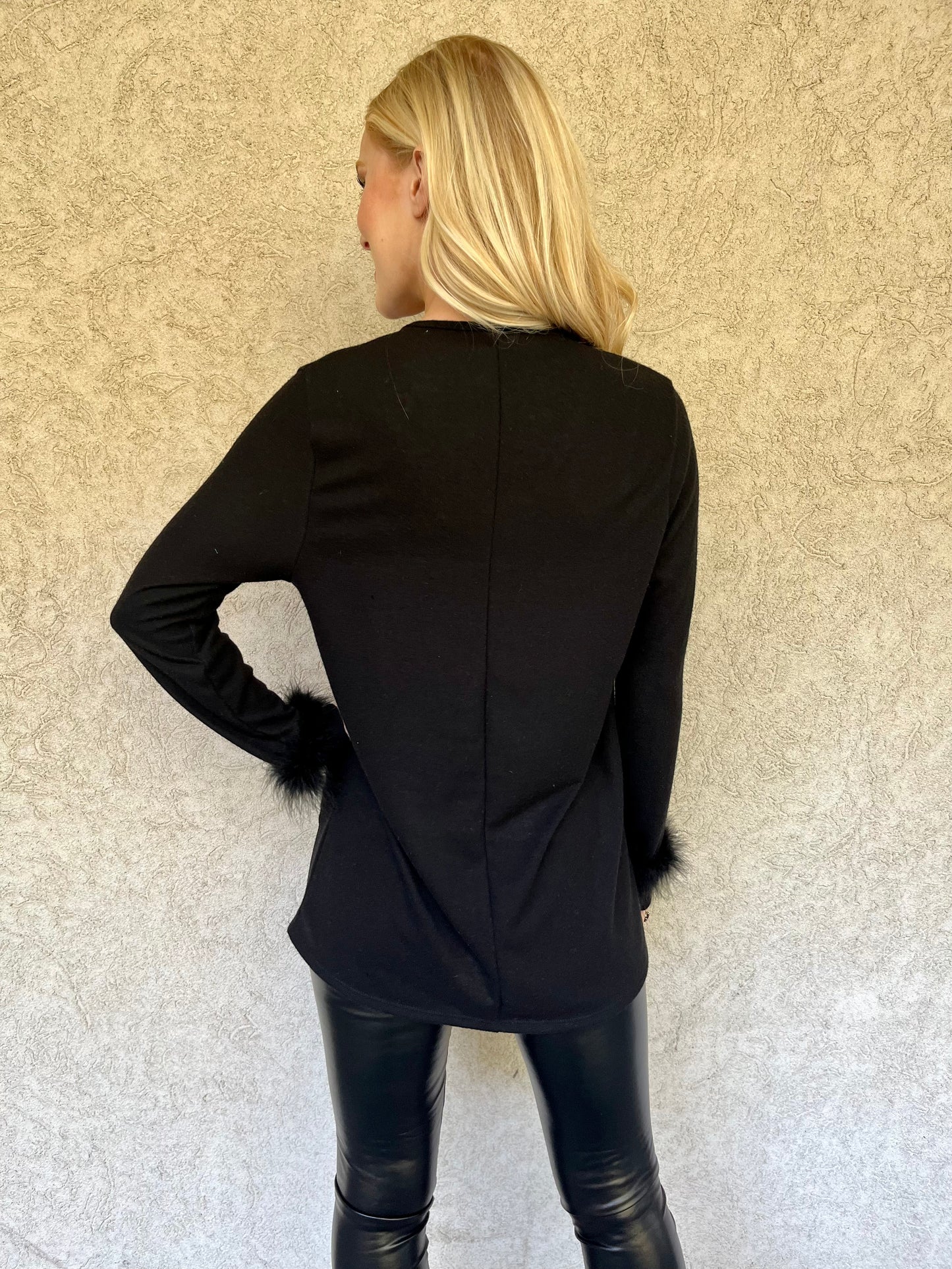 Curvy Black Sweater With Fur Trim Sleeves