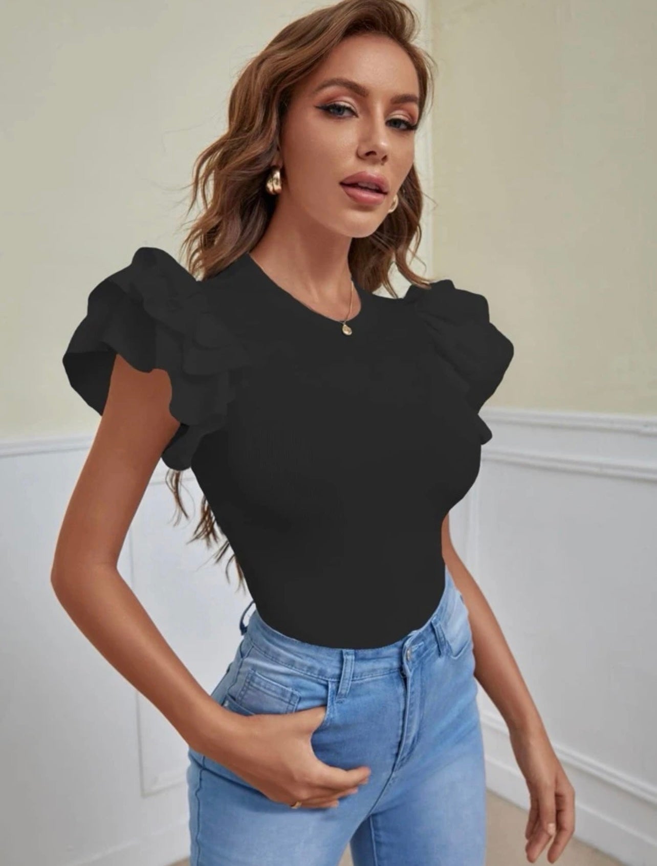 Black Ruffle Sleeved Body Suit