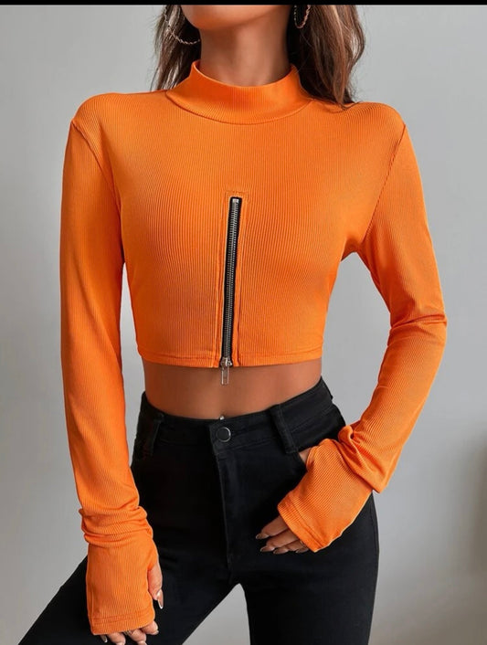 Ribbed Knit Zipper Front Thumb Holes Crop Top