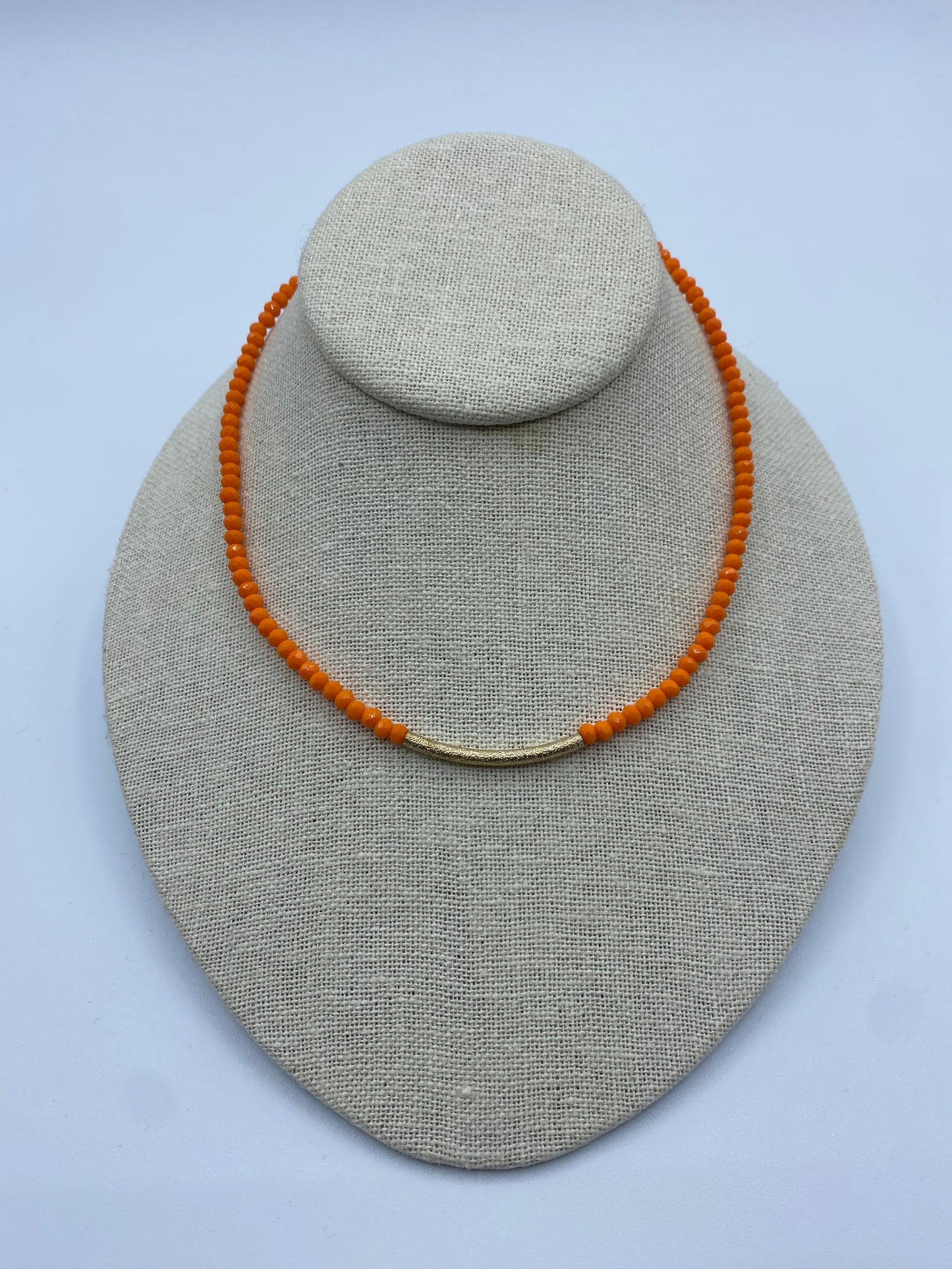 Orange Beaded Necklace with Gold Bar